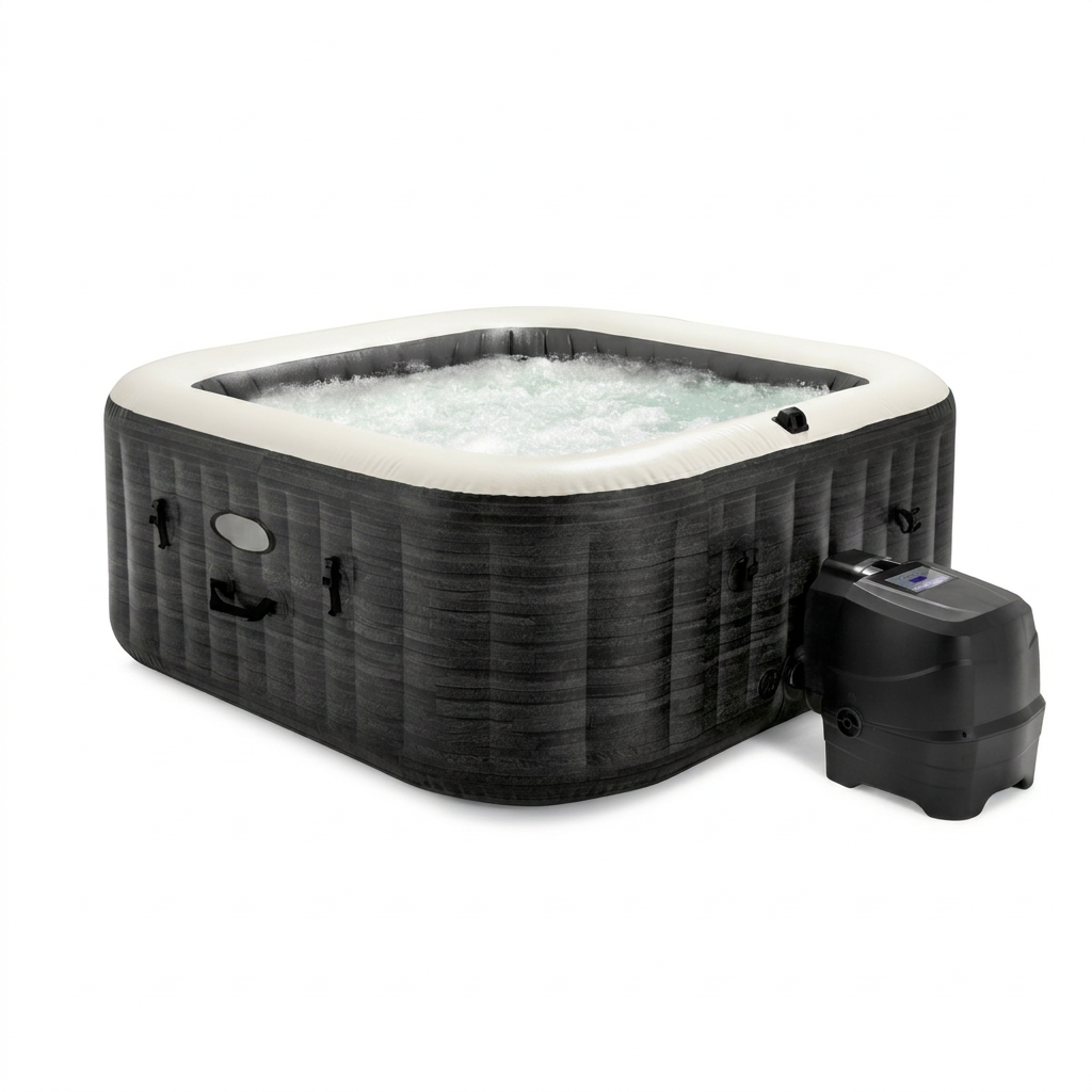 Spa Insuflável Intex Greystone Deluxe — Jacuzzi Quadrado para 4 Pessoas com 140 Jatos de Bolhas, Aquecedor, App e Tratamento de Água (175×175×71 cm)
