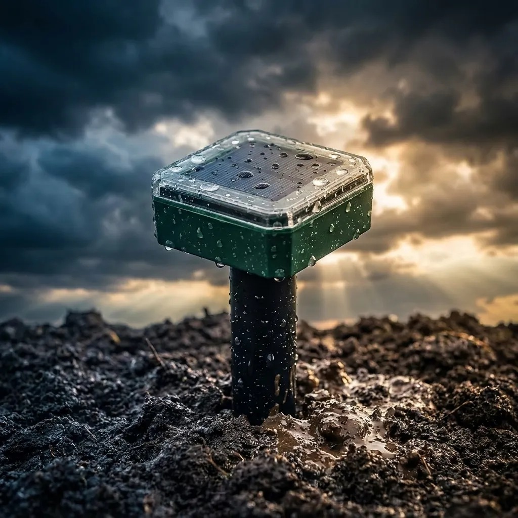 Estaca repelente solar com gotas de chuva, à prova de água, na terra