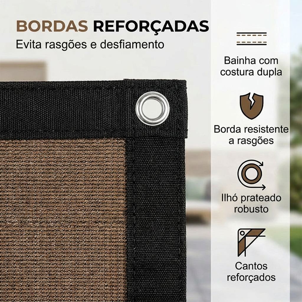 Bordas reforçadas da rede de sombra que evitam rasgões e desfiamento