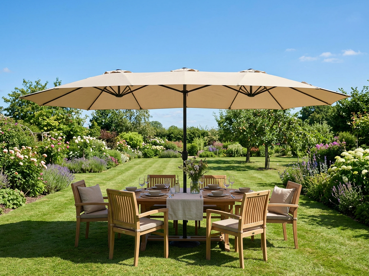 Guarda-sol de pátio duplo bege sobre uma mesa de jantar num jardim de verão