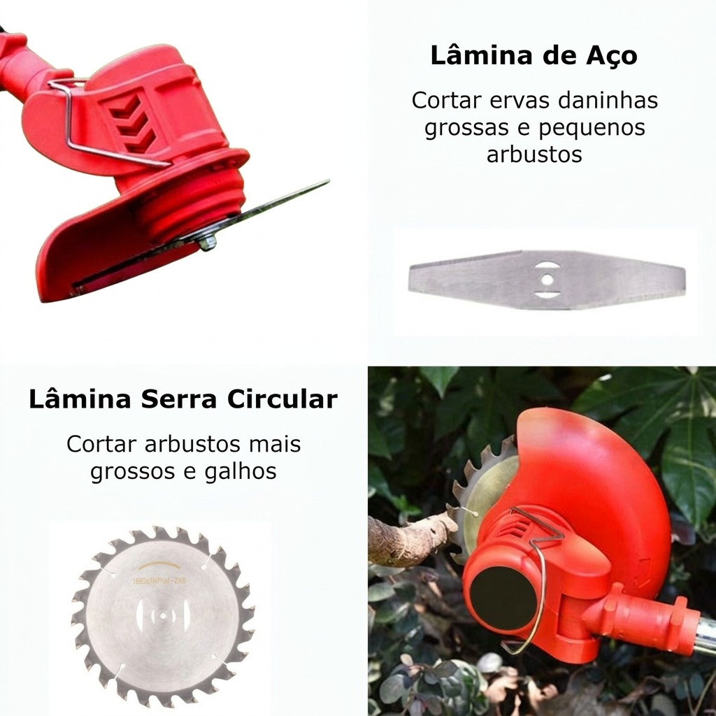 Três tipos de lâminas: aço inoxidável, serra circular e plástico