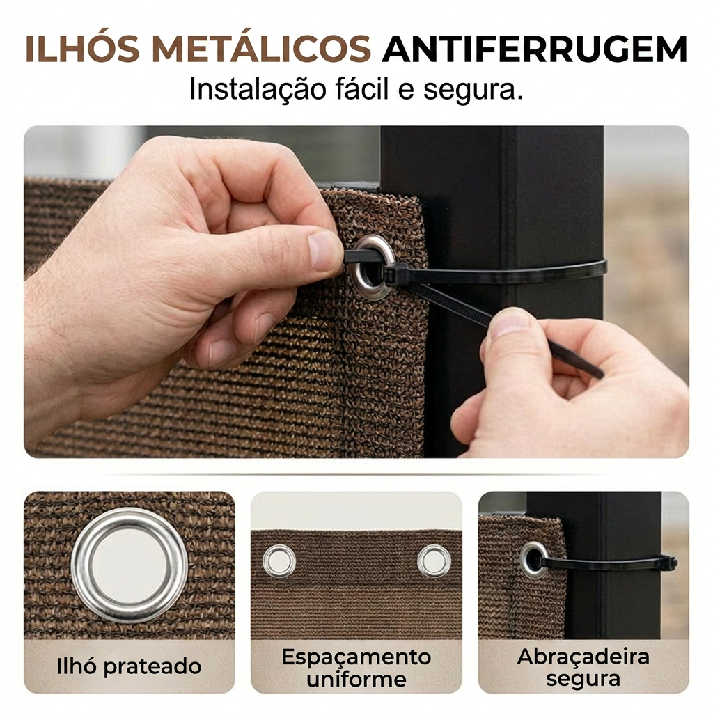 Ilhós metálicos antiferrugem para instalação fácil e segura da rede de sombra