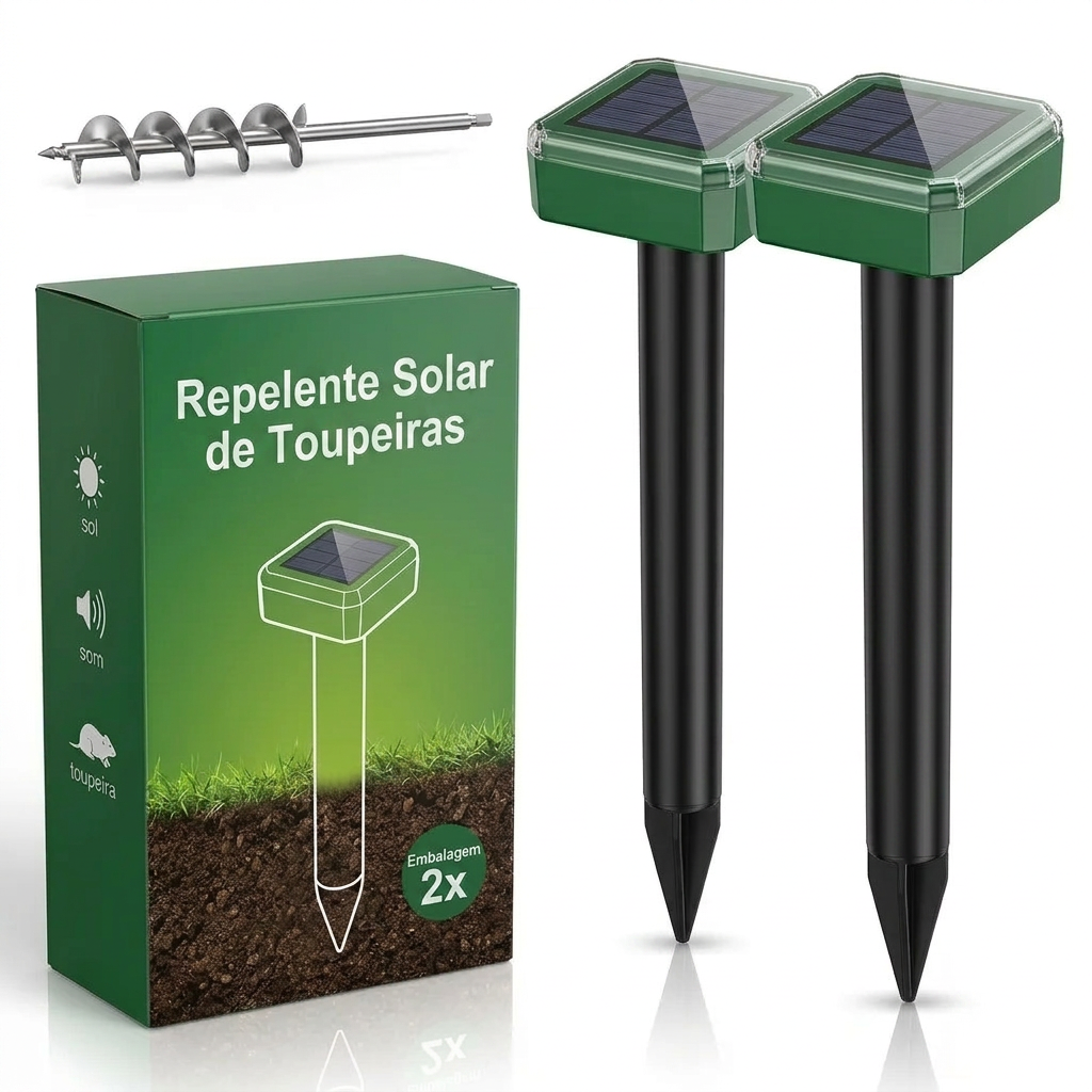 Embalagem do repelente solar de toupeiras com duas estacas
