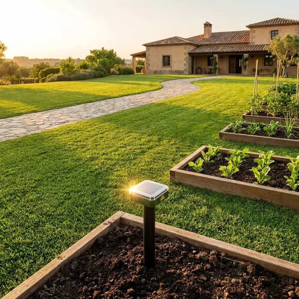 Estaca repelente solar a proteger uma horta e um jardim de uma moradia ao pôr do sol