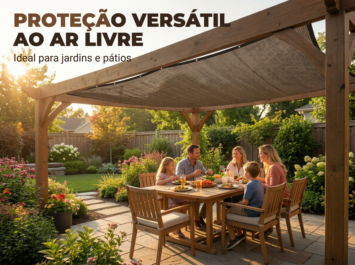 Rede de sombra a proteger uma mesa de jardim do sol, com a família a almoçar à fresca