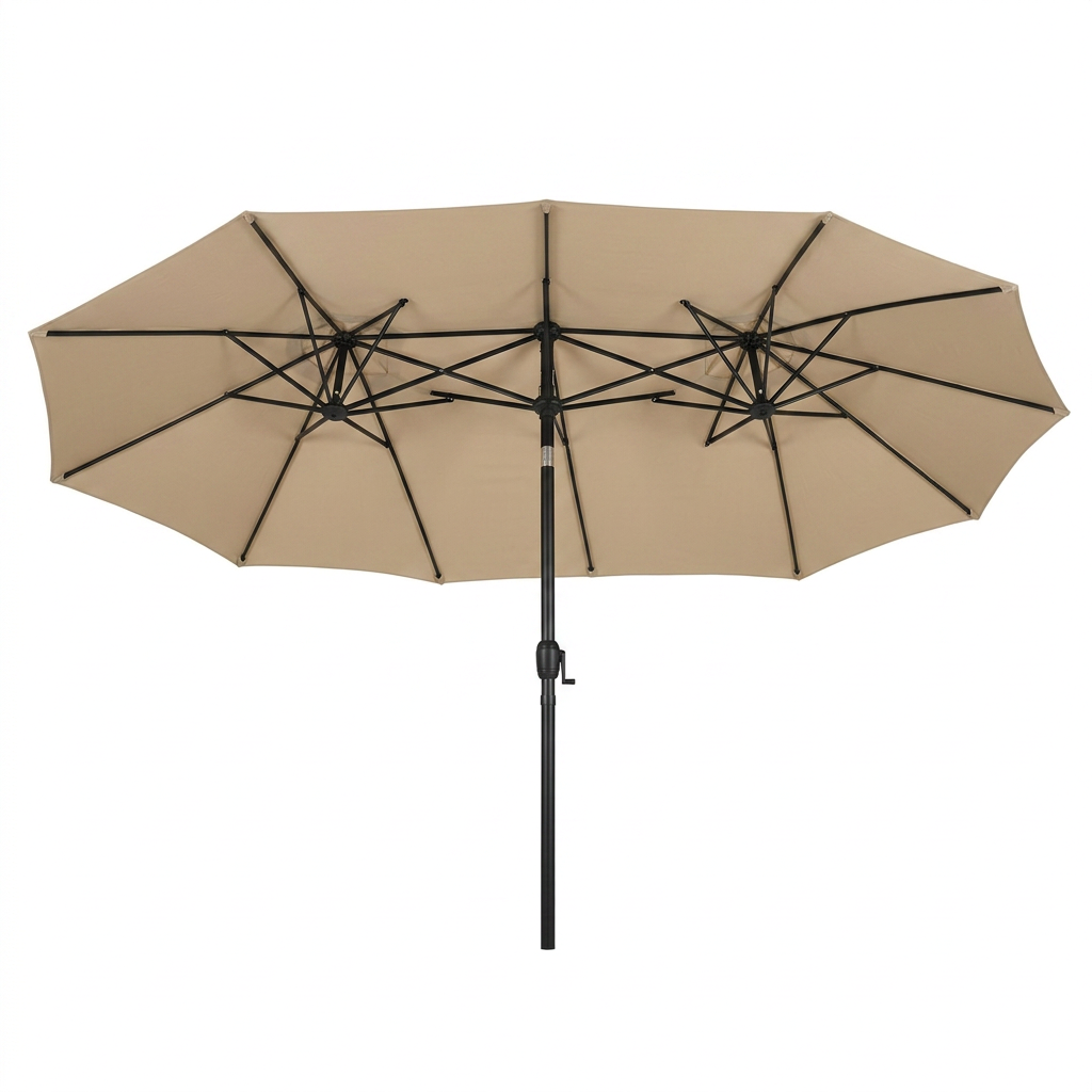 Guarda-sol de pátio duplo bege com manivela em fundo branco