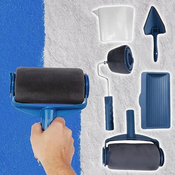 Kit de pintura com rolo recarregável a pintar uma parede e as 6 peças incluídas